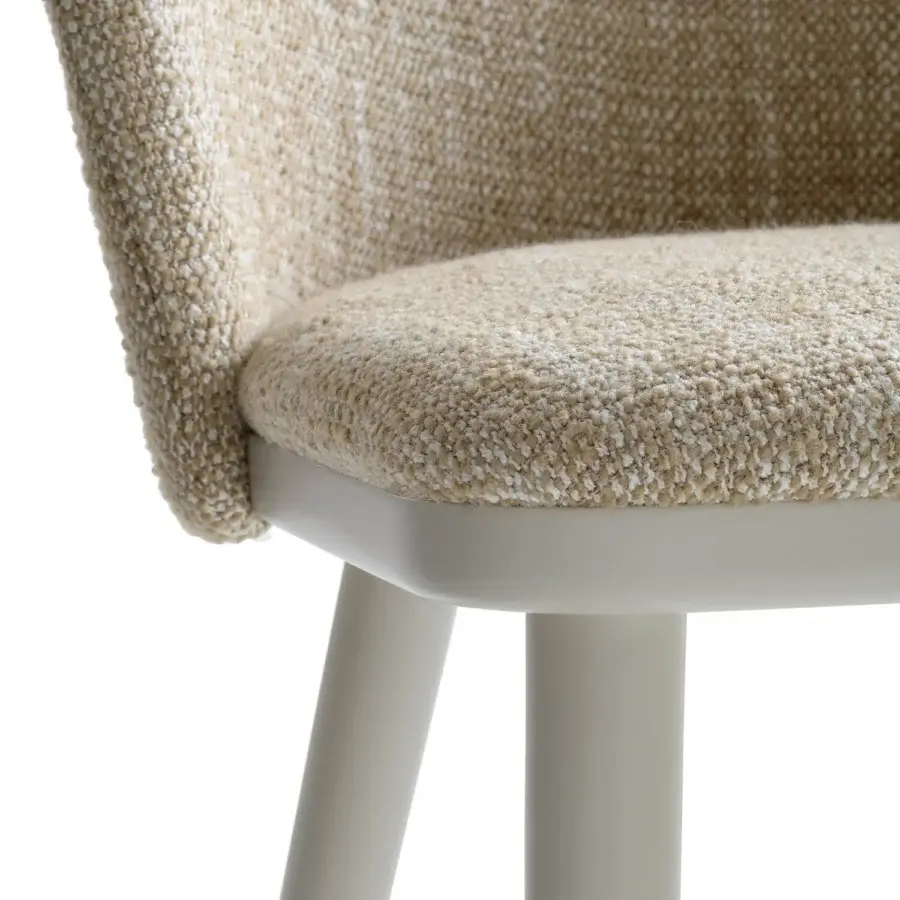 Distinguished Billiani Cortina dining chair with gently curved boucle seat and back in neutral beige, built with matte white wooden frame