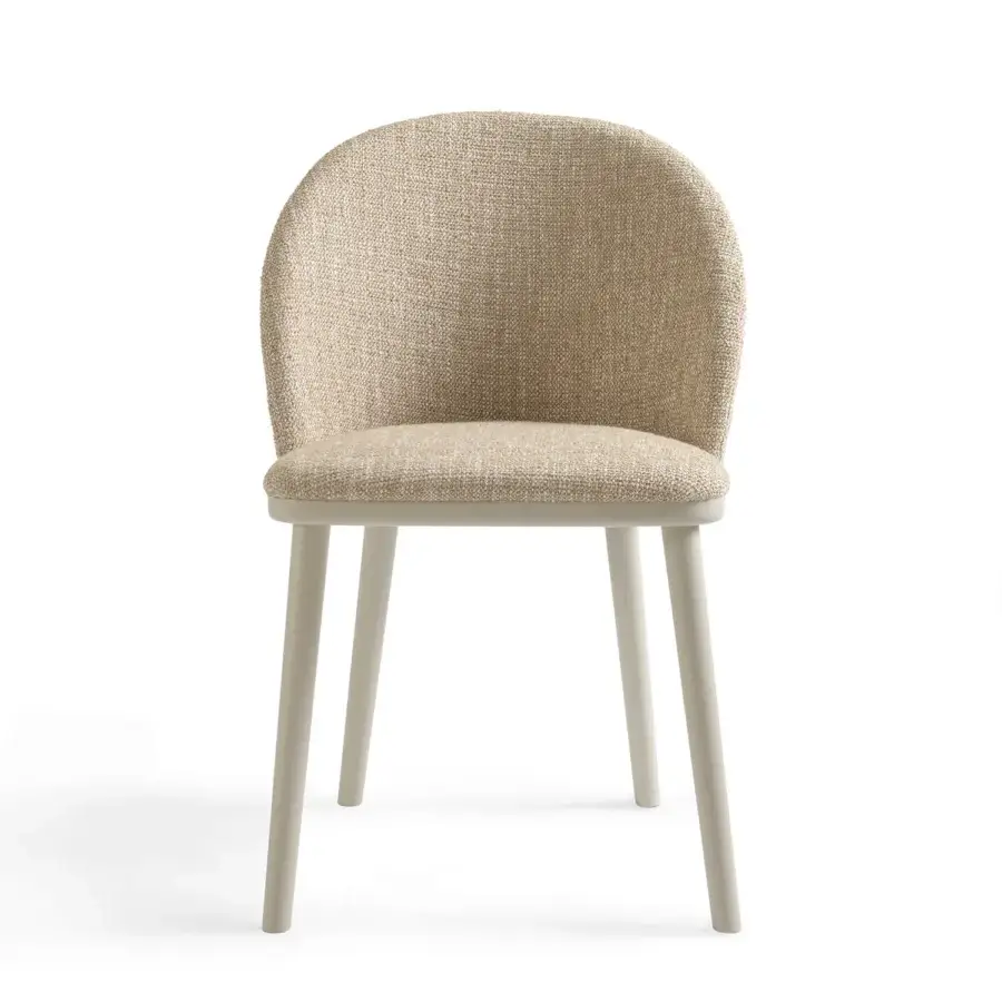 Superior Billiani Cortina dining chair with curved, fully upholstered seat and back in textured beige textile with satin wood structure