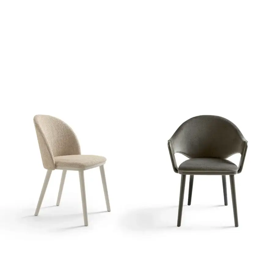 Lavish Billiani Cortina dining chair with enveloping light beige textile upholstery and refined matte metal legs