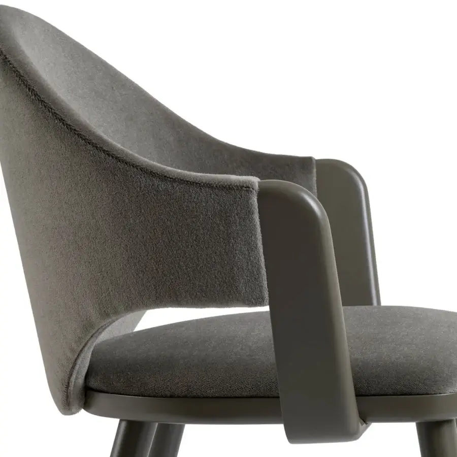 Exceptional Billiani Cortina dining chair with enveloping curved form in muted medium gray textile and solid wood frame