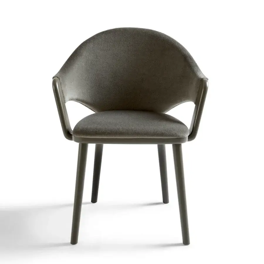 Superior Billiani Cortina dining chair with enveloping organically curved form in dark gray textured textile and artisanal Italian woodworking