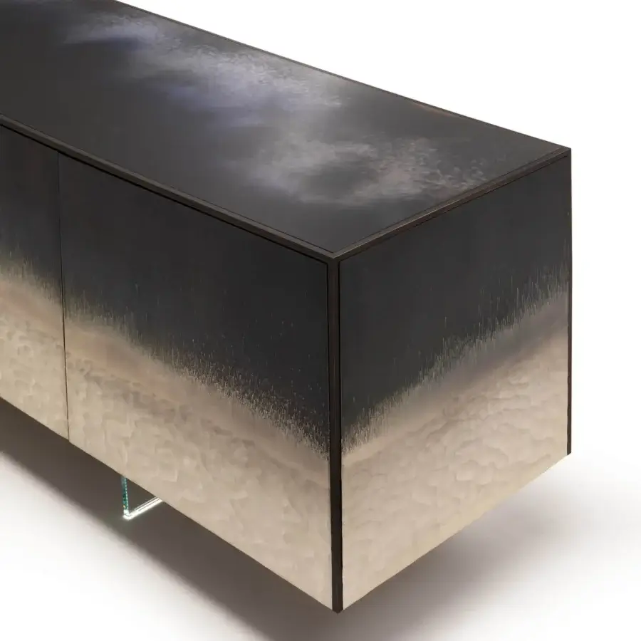 Superior Arte Veneziana Frammenti sideboard with ash-veneered plywood, burnished brass detailing, titanium metallic lacquer and Stromboli finish