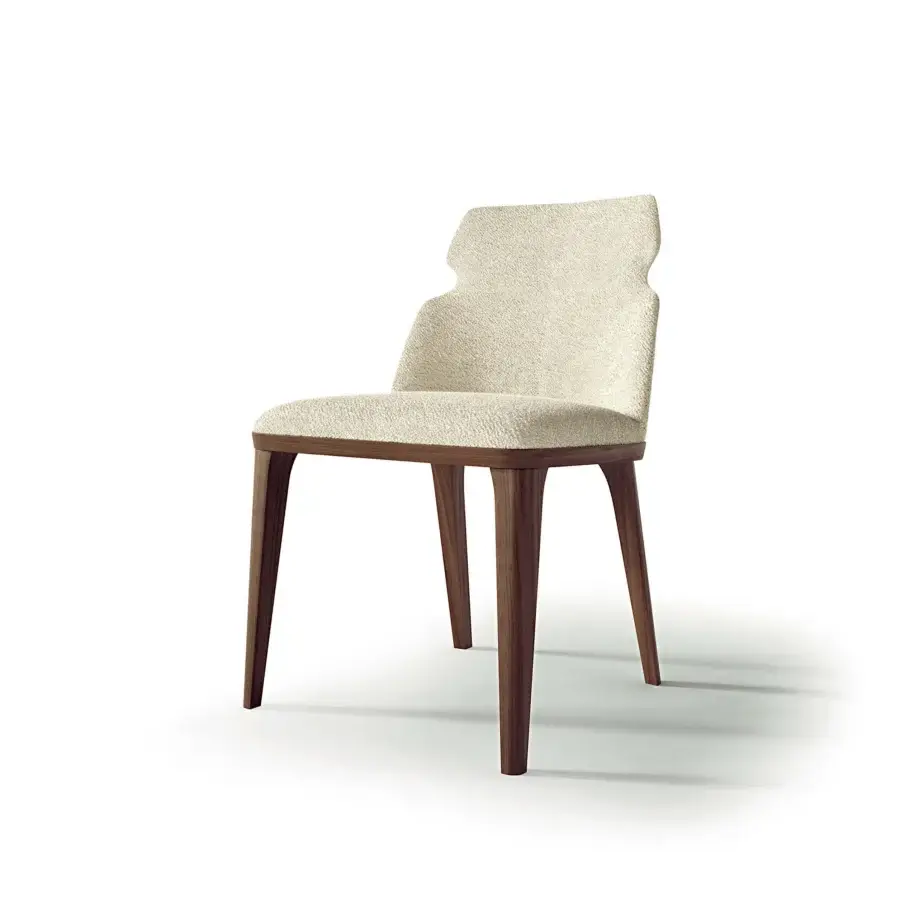 Elegant Carpanelli Shape chair upholstered in textured off-white textile with satin-finished wood legs