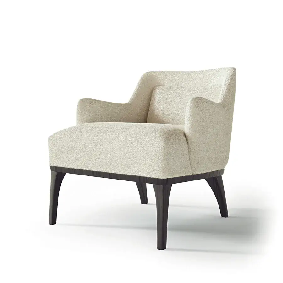 Distinguished Carpanelli Ara lounge chair with textured off-white textile upholstery and a dark satin wood frame