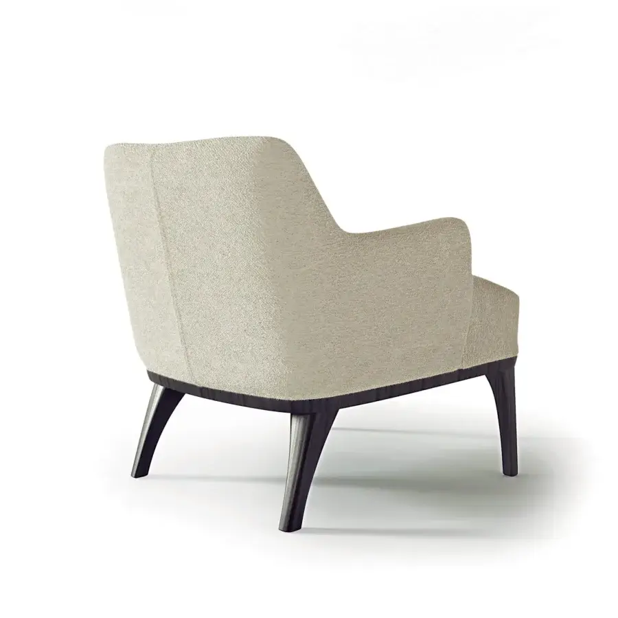Superior Carpanelli Ara lounge chair with neutral beige textured textile upholstery and a dark satin wood frame
