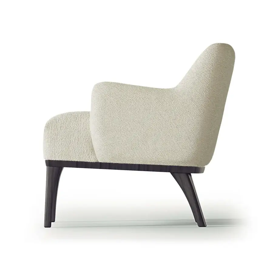 Captivating Carpanelli Ara lounge chair with textured off-white textile upholstery and dark satin-finish solid wood base