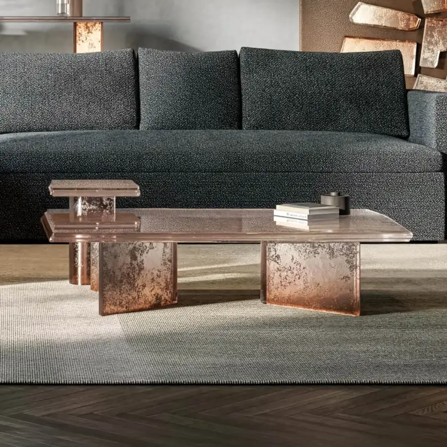 Exclusive Arte Veneziana Soazo coffee table crafted in molten glass with bronze to transparent degradé finish and unique mottled texture
