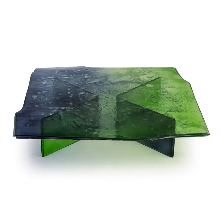 Distinguished Arte Veneziana Soazo coffee table crafted in molten glass with a green to midnight blue degradé finish and partial silvering