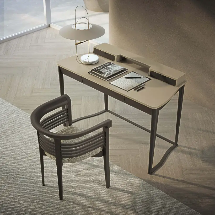 Distinctive Carpanelli Dolfin chair crafted in solid ash wood with dark gray textured synthetic fiber weave and metal frame finish