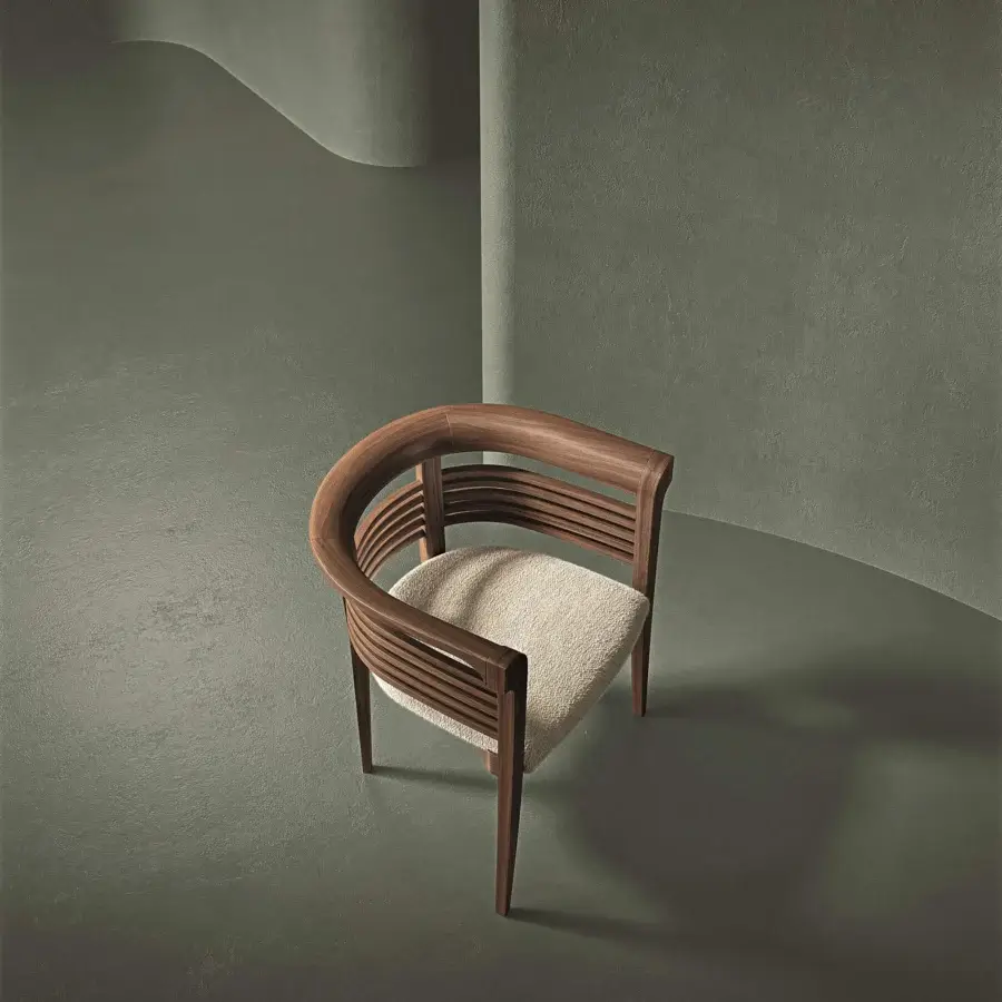 Superior Carpanelli Dolfin chair built with solid ash wood and textured beige textile, showcasing a medium-dark brown satin finish
