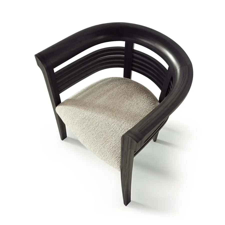 Exceptional Carpanelli Dolfin chair built with sculpted solid ash wood in a dark walnut finish and light gray textured textile seat