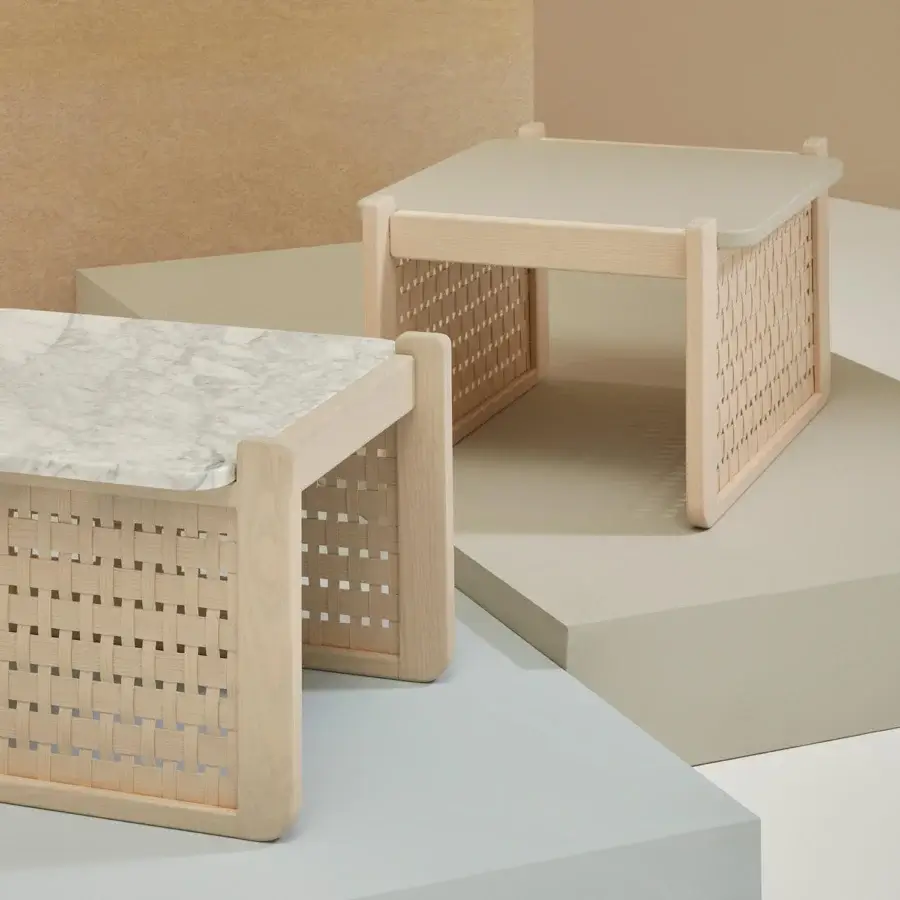 Elegant Billiani Raquette coffee table handcrafted in Italy with a white marble top and light natural wood frame featuring woven sides with a satin finish