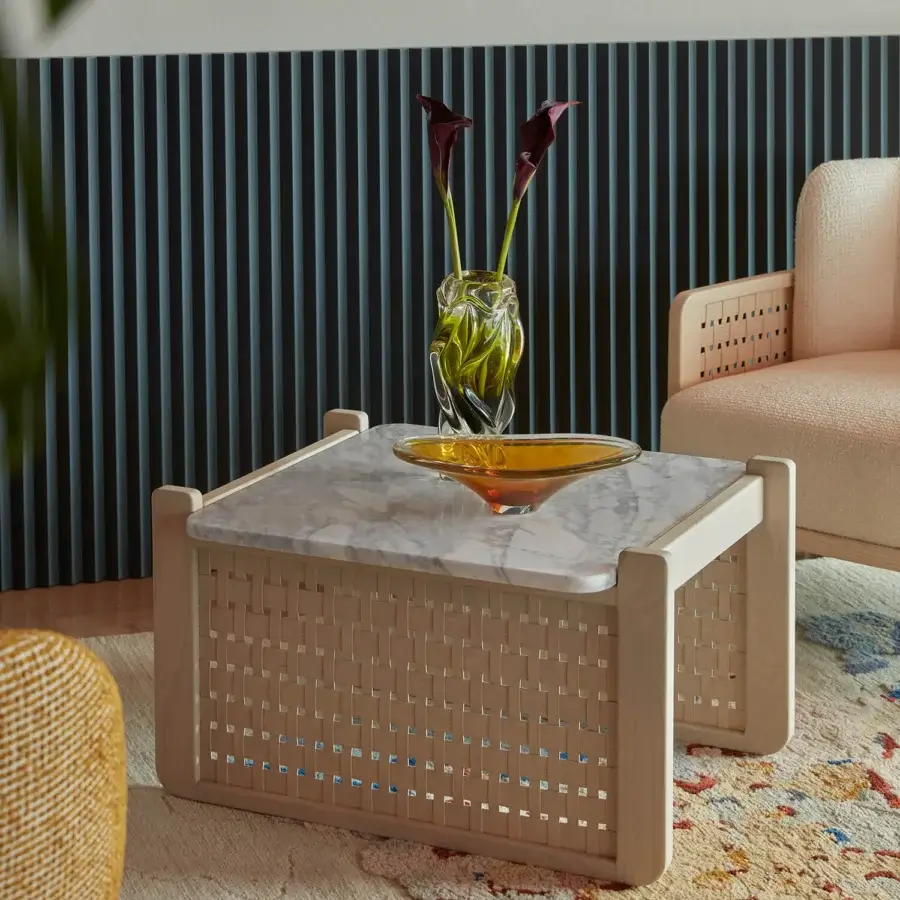 Superior Billiani Raquette coffee table crafted in Italy with a satin wood frame and polished gray and white stone tabletop