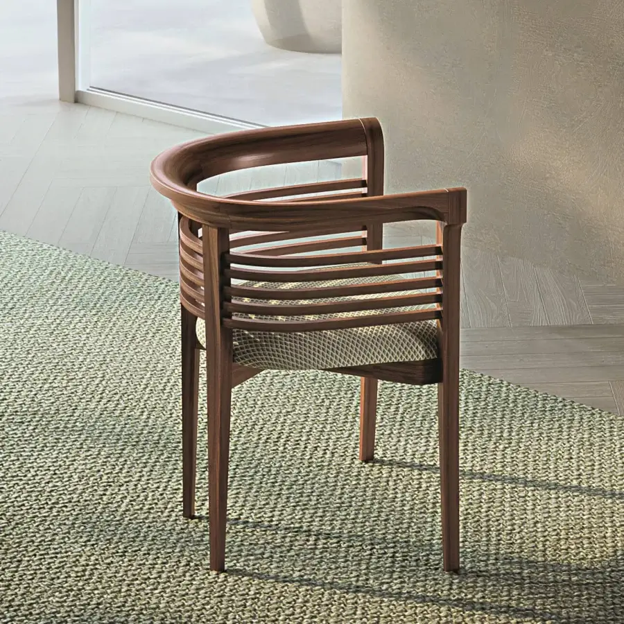 Exceptional Carpanelli Dolfin chair crafted from solid ash wood with woven textile and medium-dark brown finish