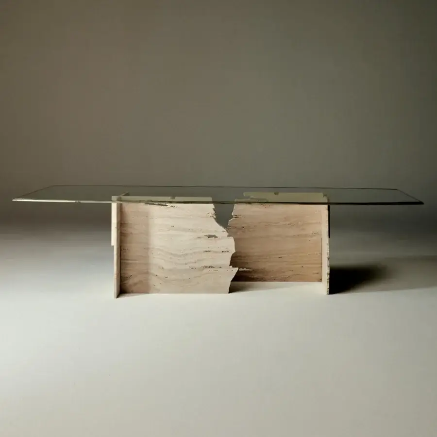 Exceptional Arte Veneziana Aniene table with extra-clear glass and fractured travertine marble built with burnished brushed brass accents