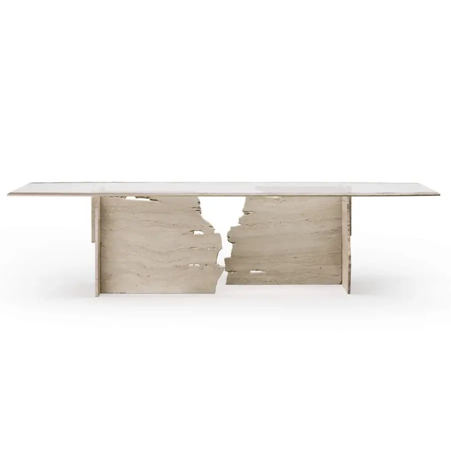 Lavish Arte Veneziana Aniene table with extra-clear glass, burnished brushed brass accents, and textured travertine marble structure with Miage finish