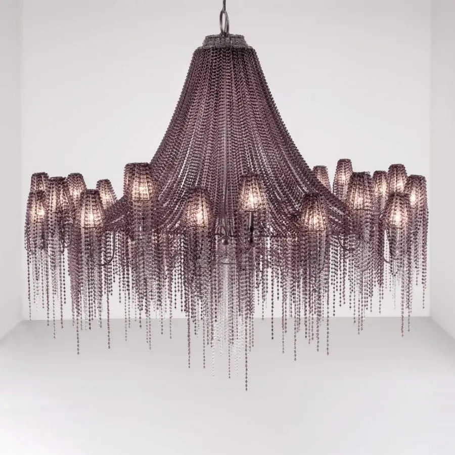 Distinguished Patrizia Garganti Burlesque chandelier crafted with matte plum metal and cascading glass-like elements in curved baroque lines