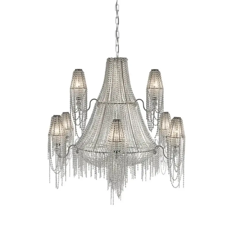 Distinguished Patrizia Garganti Burlesque chandelier with cascading pearls and shimmering silver finish crafted in delicate metal with conical lampshades