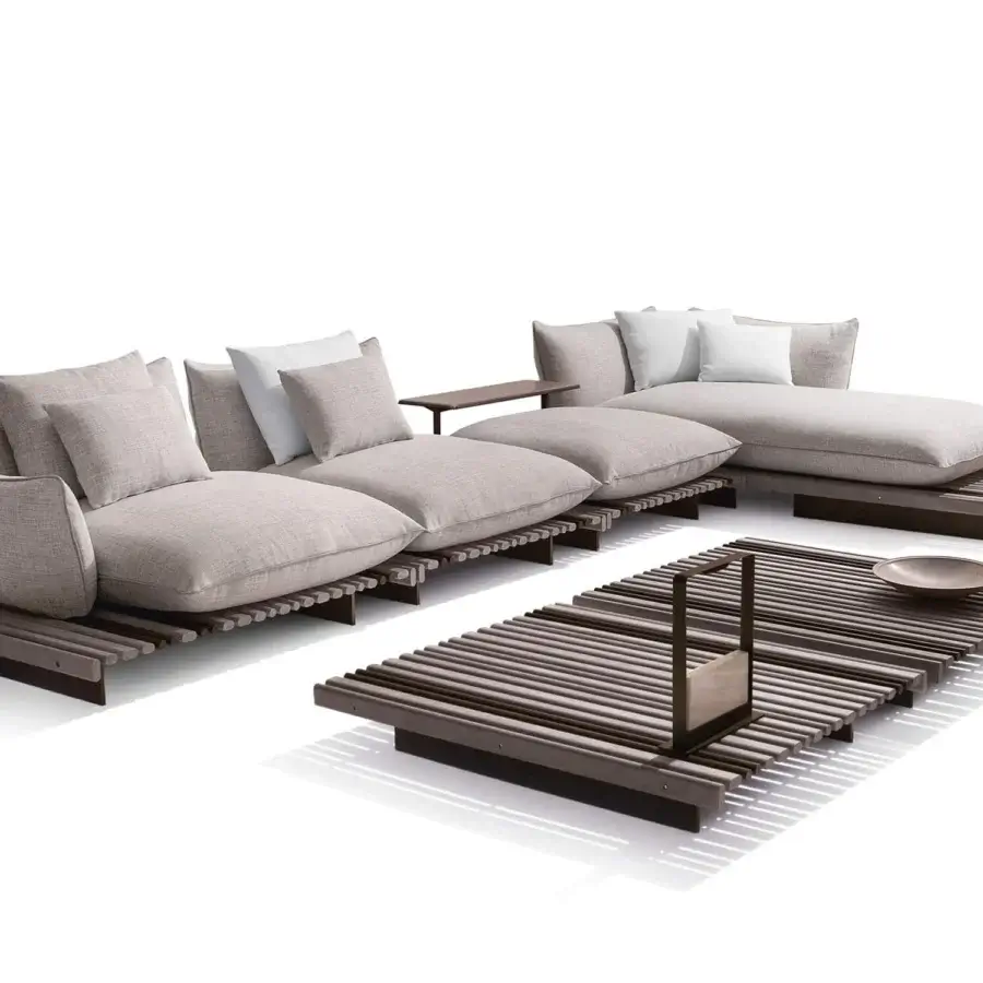 Sophisticated Giorgetti Apsara sectional with carob powder-coated aluminum, Afrormosia wooden slats, and light grey waterproof fabric upholstery