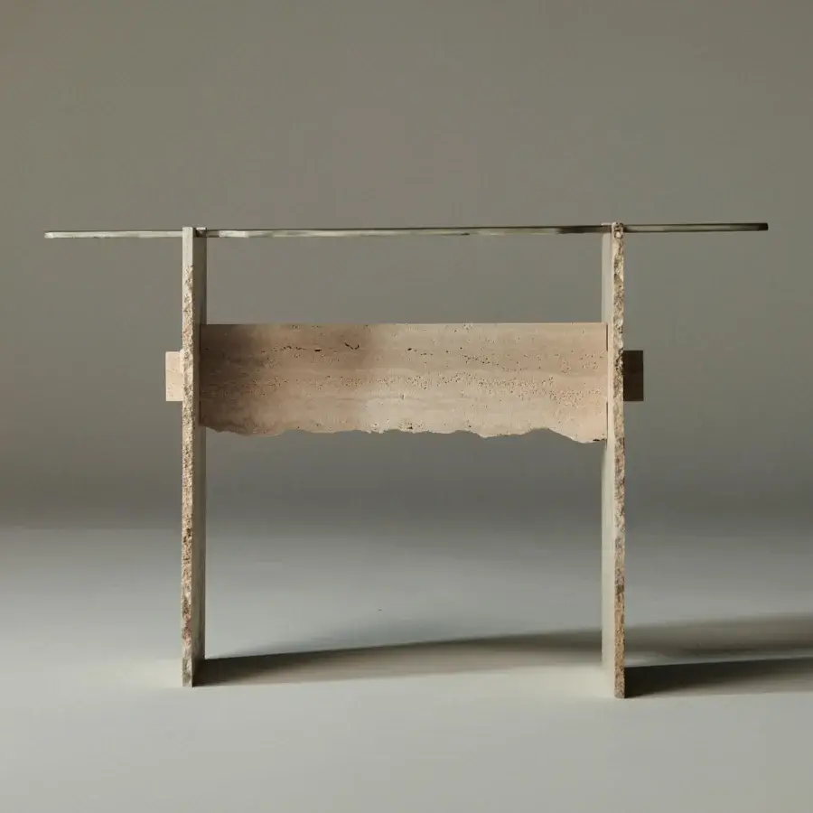 Elegant Arte Veneziana Barco console with extra-clear glass and travertine marble built with Miage finish