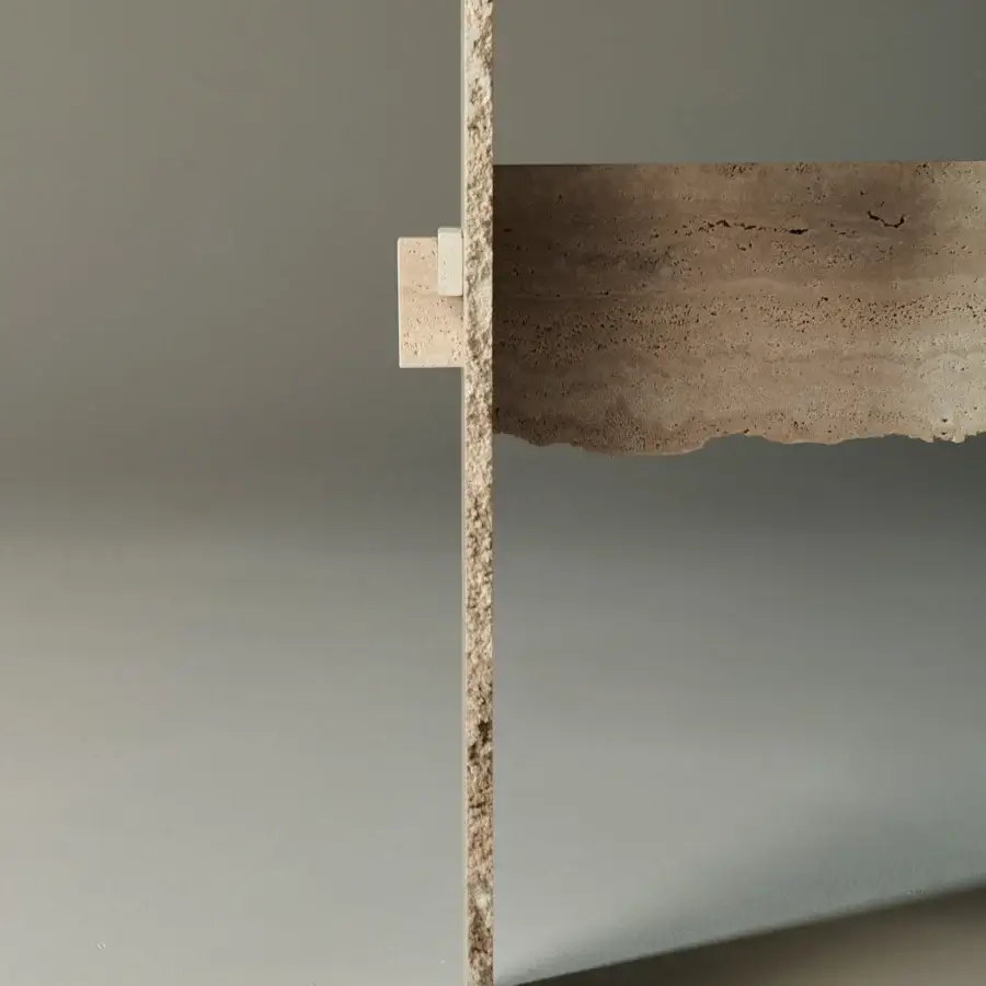 Superior Arte Veneziana Barco console built with luminous extra-clear glass and warm beige travertine marble finish
