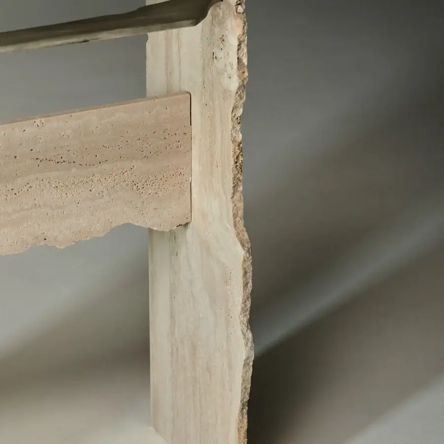 Exceptional Arte Veneziana Barco console built with extra-clear glass, textured Miage finish, and warm beige travertine marble structure