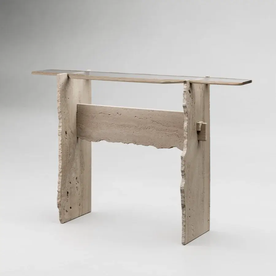Distinguished Arte Veneziana Barco console crafted with natural travertine marble and extra-clear glass with Miage finish