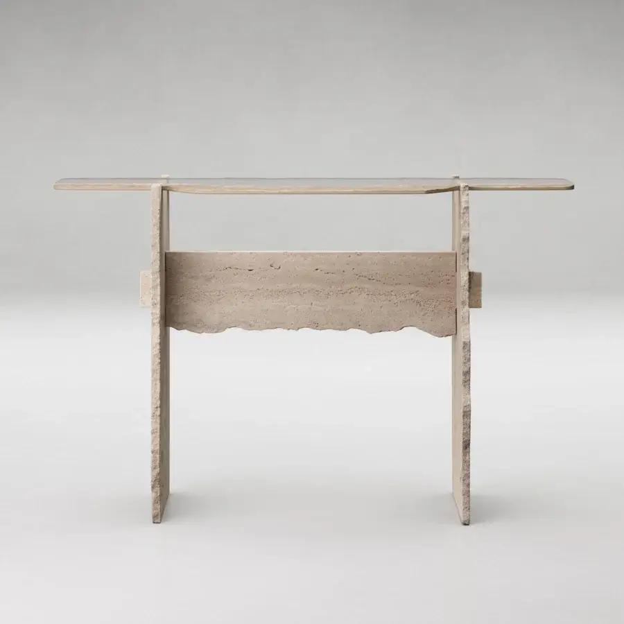 Superior Arte Veneziana Barco console in travertine marble with extra-clear glass and delicate Miage finish