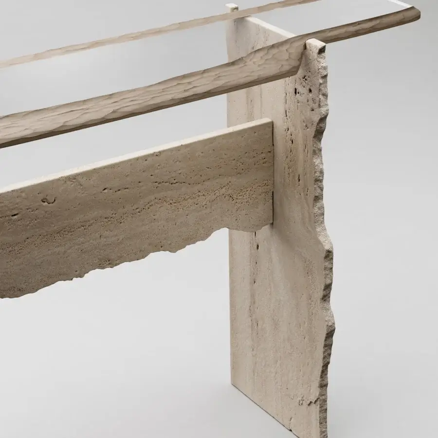 Captivating Arte Veneziana Barco console in extra-clear glass with a Miage finish and travertine marble structure