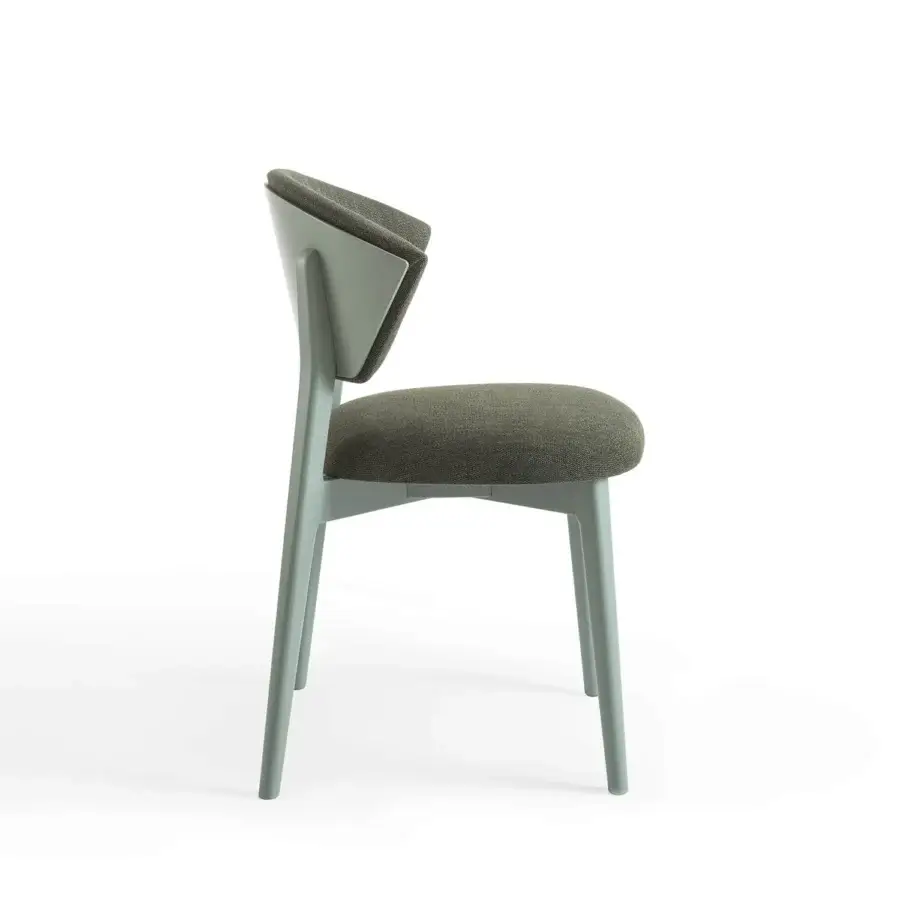 Distinctive Billiani Stella dining chair crafted in Italy with grayish-green upholstery and a textured wood frame