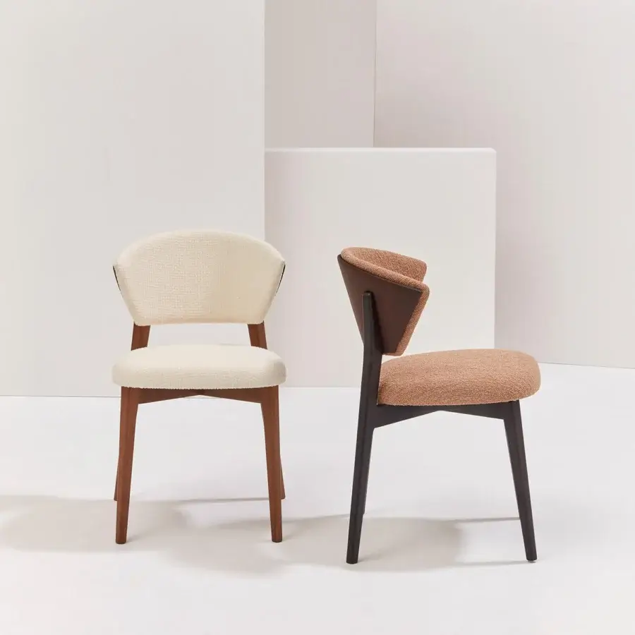 Sophisticated Billiani Stella dining chair with light beige textured textile upholstery and reddish-brown wood finish