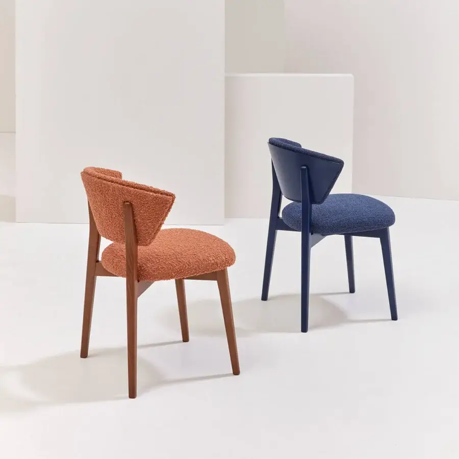 Exceptional Billiani Stella dining chair with medium-brown satin wood and orange textured upholstery construction