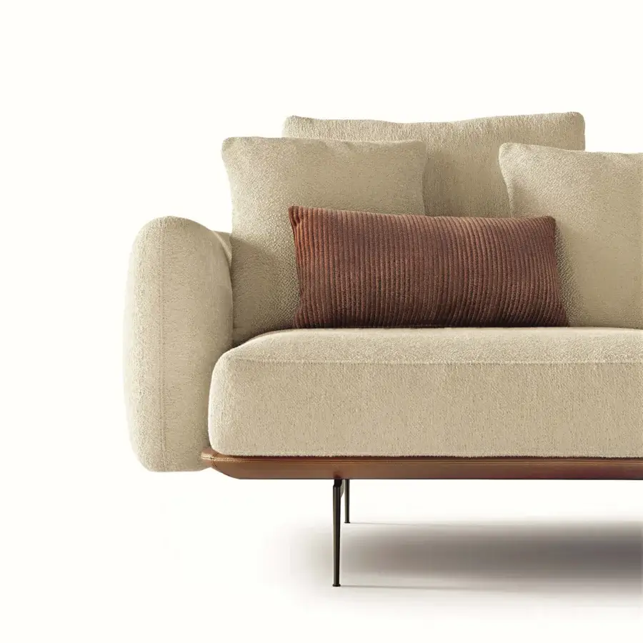 Luxury Carpanelli Sirio sofa with neutral beige textured textile and refined metallic metal legs crafted in Italy