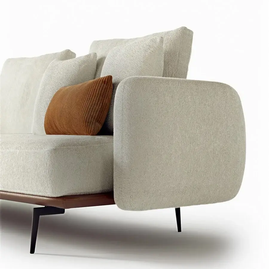 Superior Carpanelli Sirio sofa with soft volumes, textured off-white textile and satin finished wooden frame built with dark metal legs