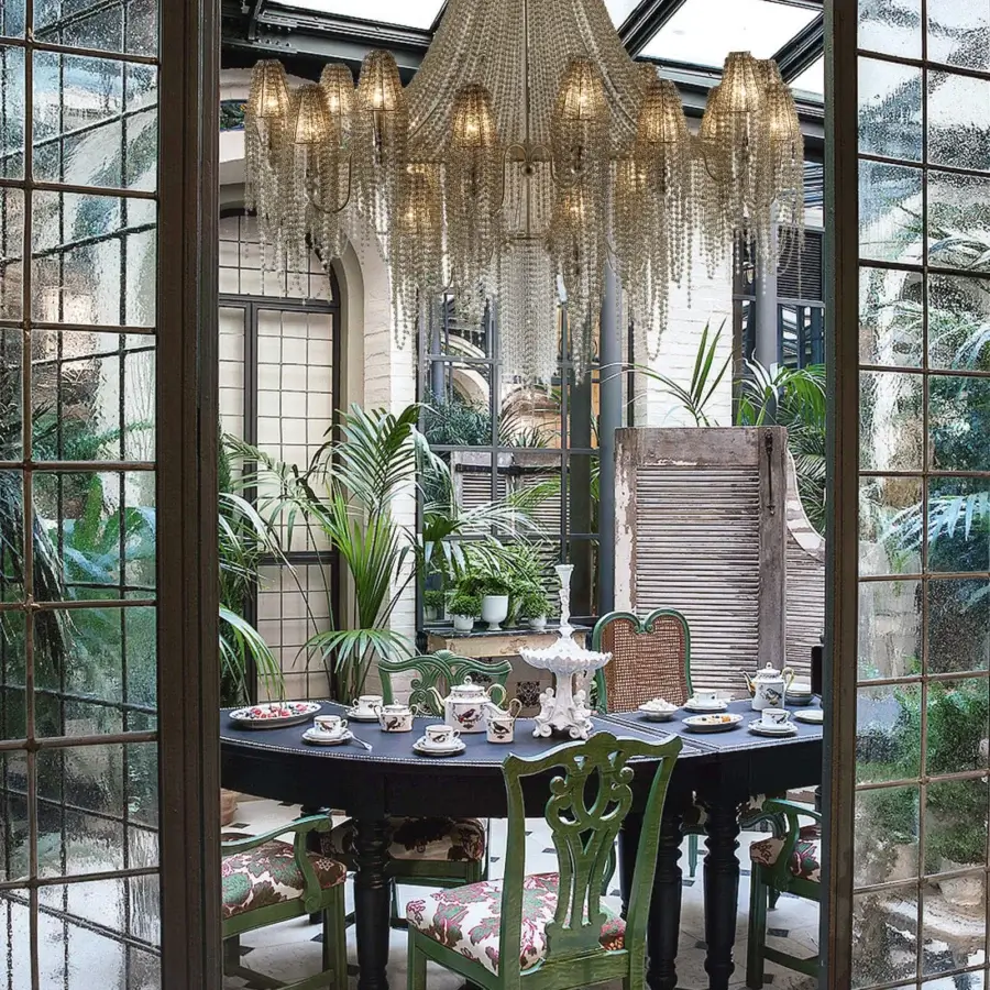Distinguished Patrizia Garganti Burlesque chandelier with cascading pearls and warm gold-toned metallic framework crafted in Italy