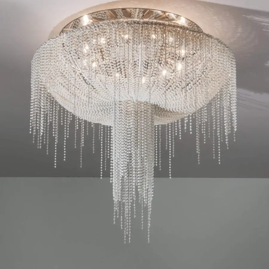 Distinguished Patrizia Garganti Burlesque ceiling lamp with cascading clear crystal strands and polished nickel frame
