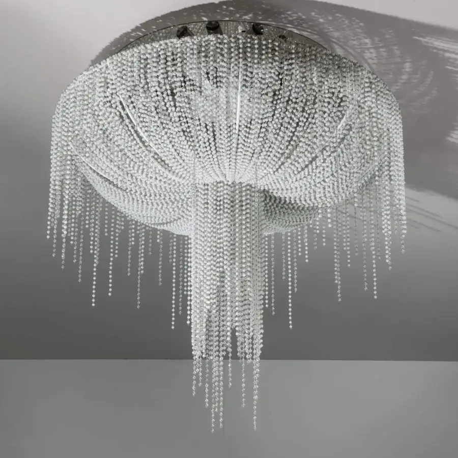 Exclusive Patrizia Garganti Burlesque ceiling lamp with cascading clear pearl strands and satin-finish metallic plate