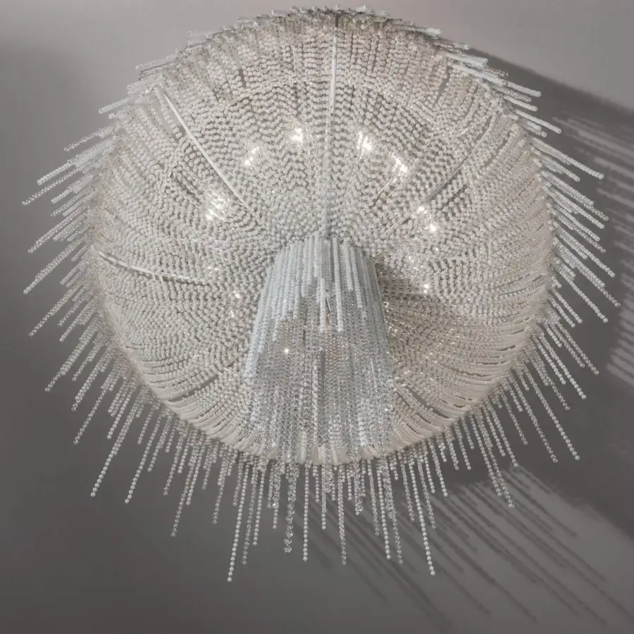 Superior Patrizia Garganti Burlesque ceiling lamp with cascading glass beads and silvery-white finish crafted in Italy