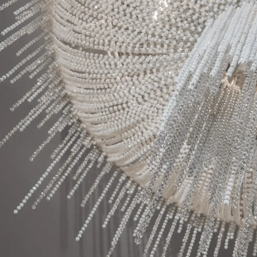Superior Patrizia Garganti Burlesque ceiling lamp with expansive form and glossy white and silver beaded construction
