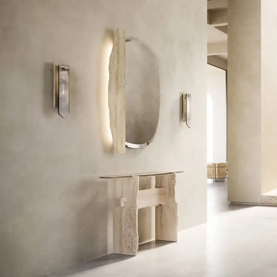 Captivating Arte Veneziana Nerola mirror with bevelled silvered edge, extra-clear glass and creamy beige travertine marble built with integrated lighting
