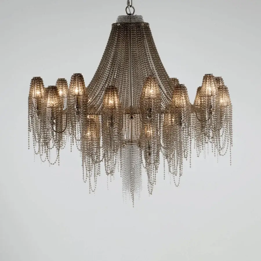 Exceptional Patrizia Garganti Burlesque chandelier with cascading clear glass beads and light silver-toned metal framework