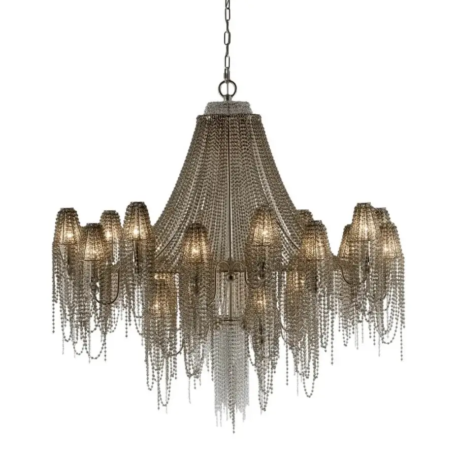 Superior Patrizia Garganti Burlesque chandelier with darkened antique metal and cascading light-colored shades diffused by 24 lights