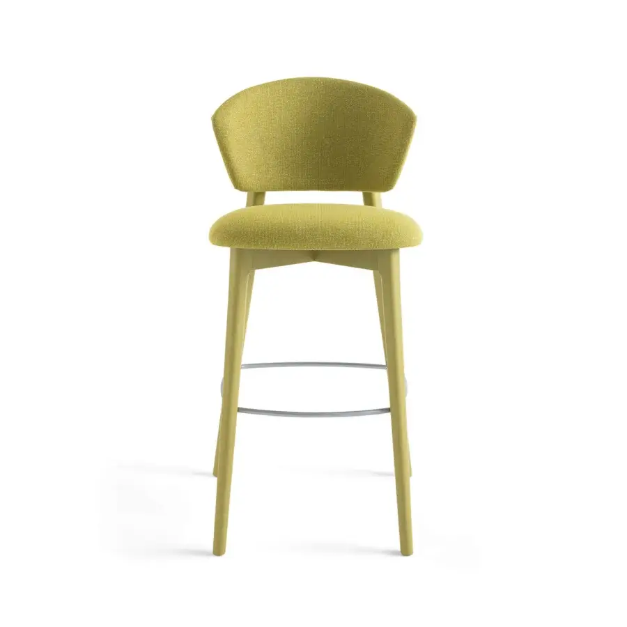 Distinguished Billiani Stella bar stool with subtly textured yellow-green textile and painted wood frame