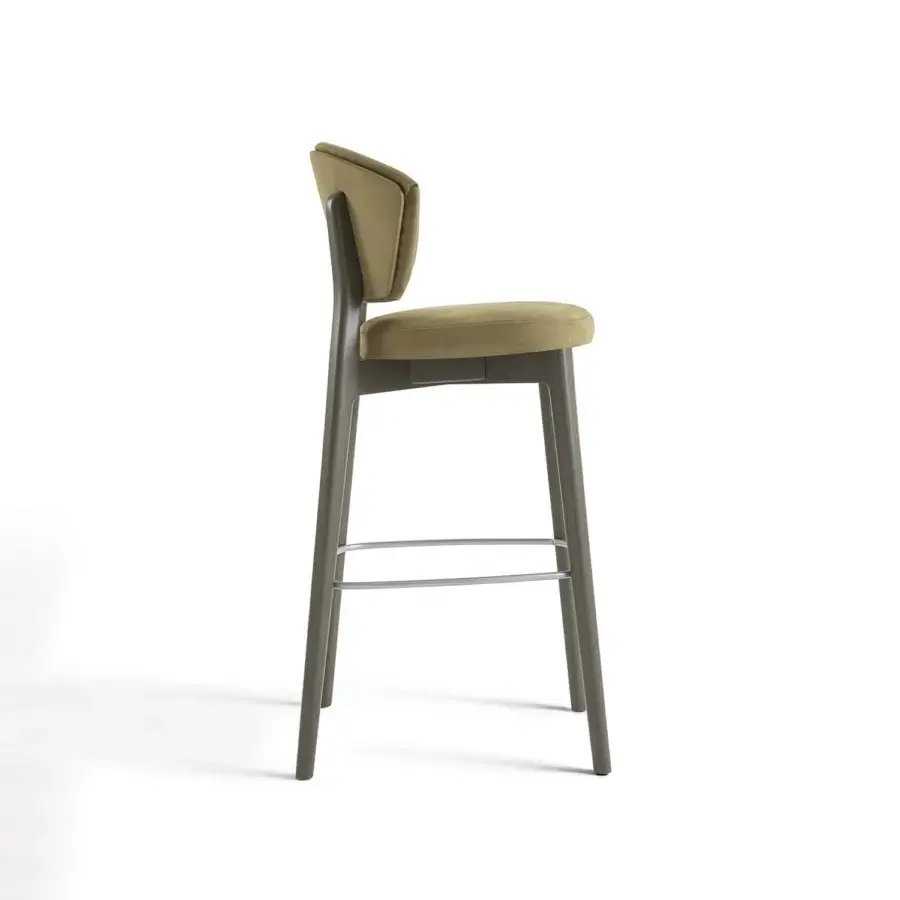 Elegant Billiani Stella bar stool in muted olive-green textile with dark gray finished wooden frame