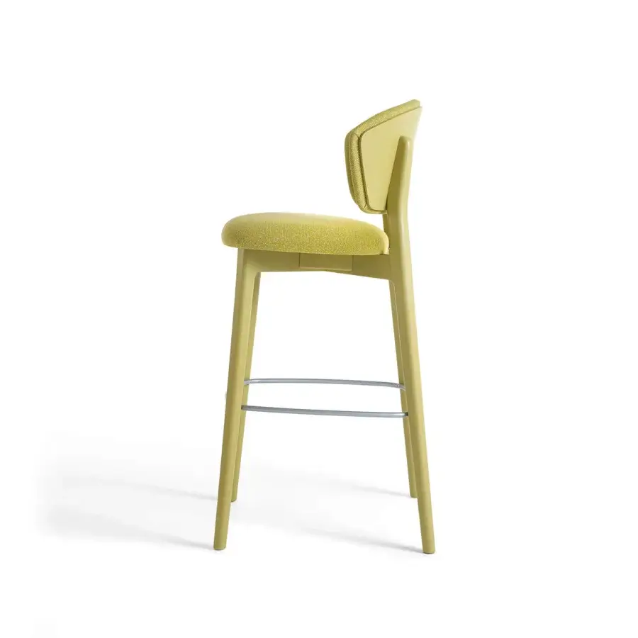 Superior Billiani Stella bar stool with upholstered seat and backrest in muted yellow-green textile and sturdy wooden structure with matte finish
