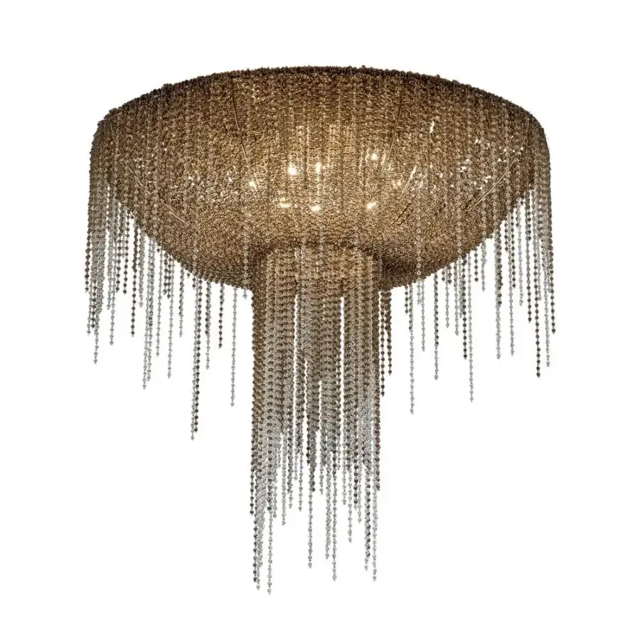 Elegant Patrizia Garganti Burlesque ceiling lamp with elongated silhouette and cascading pearl-like chains in warm golden satin-finish metal