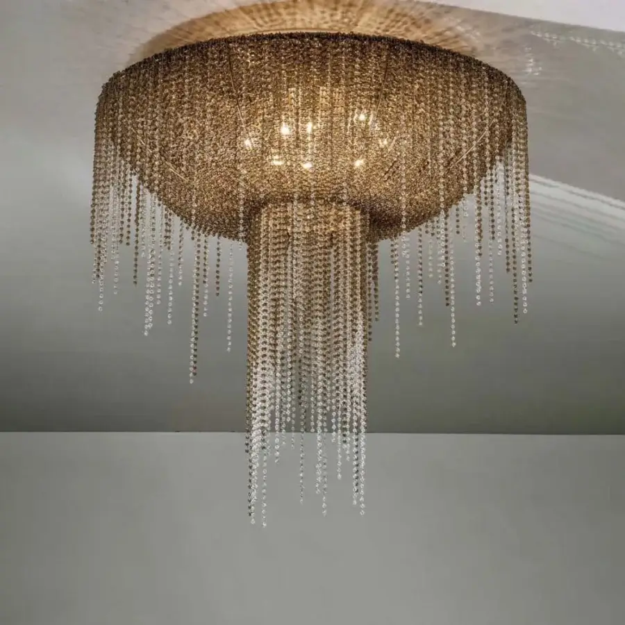 Lavish Patrizia Garganti Burlesque ceiling lamp with cascading clear beads and warm golden metallic core crafted in Italy