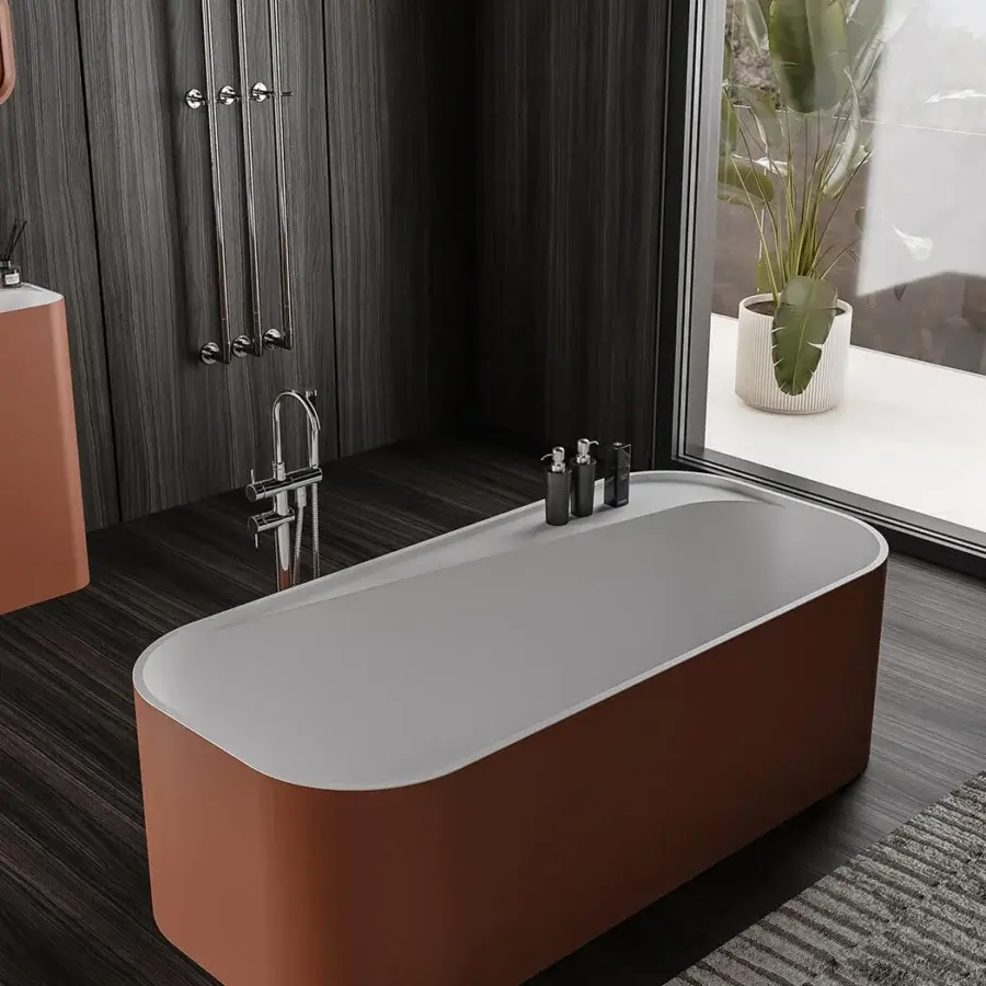 Luxury Norah Design ANBT 02 bathtub crafted with a terracotta exterior and velvety matte white Norahcryl solid surface