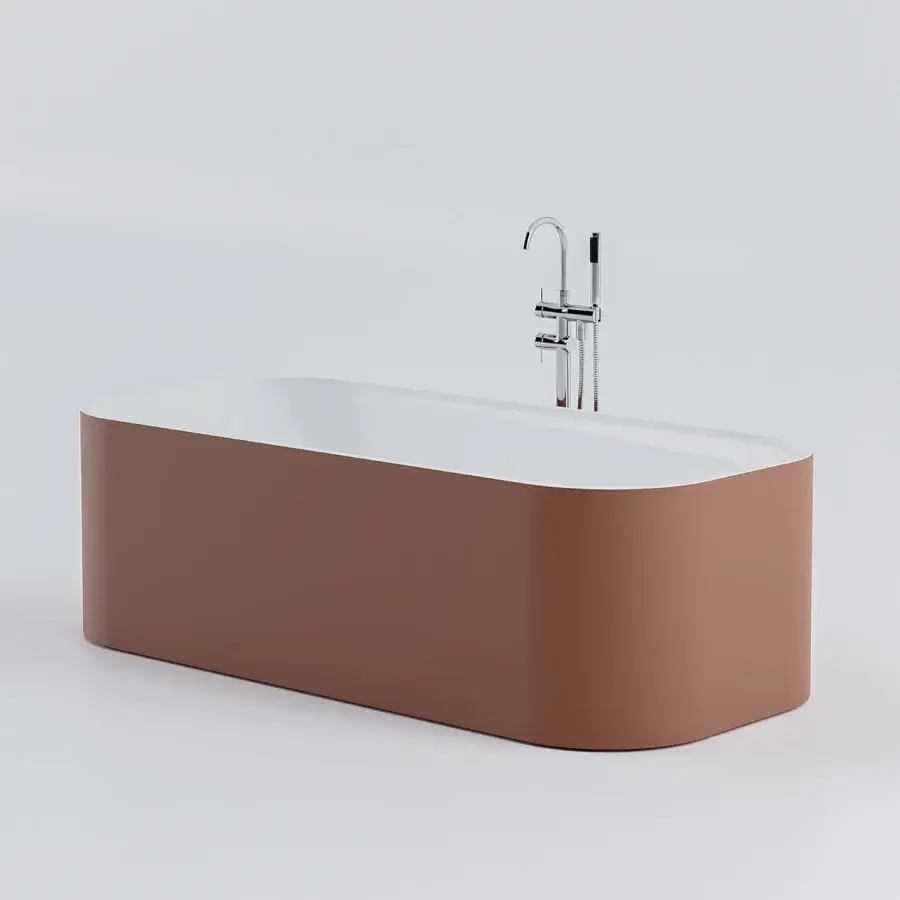 Distinguished Norah Design ANBT 02 bathtub with a hand-painted terracotta exterior and velvety matte white Norahcryl interior