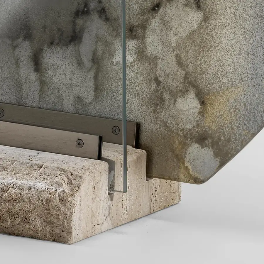 Distinguished Arte Veneziana Adriano mirror with extra-clear glass, travertine marble base and satin steel profile crafted in Italy